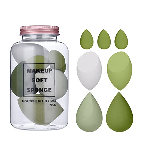 COSLUXE Makeup Sponge Set Beauty Blender with Egg Case, Soft Sponge For Liquid Foundation, Creams, and Powders?Latex Free Wet and Dry Makeup Green Series, 4 Big + 3 Mini -7 Pcs set