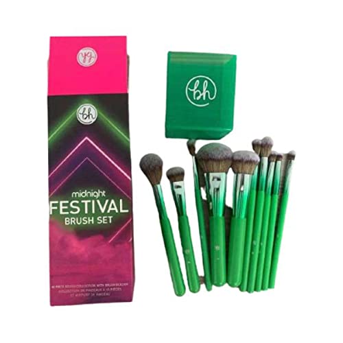 BH STUDIO PRO makeup brush set, Midnight Festival Brush Set 10 Piece Brush Collection with Brush Holder (GREEN)