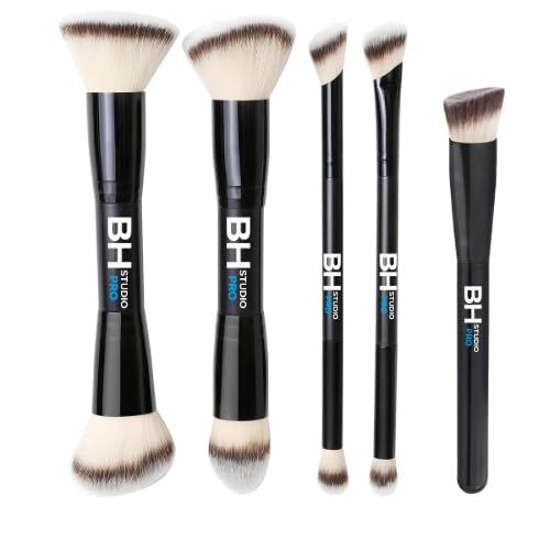BH Studio Pro 5-Piece Double-Ended Makeup Brush Set, Soft Synthetic Fiber Brushes for Liquid, Cream & Powder Foundation, Blending & Face Makeup, Black