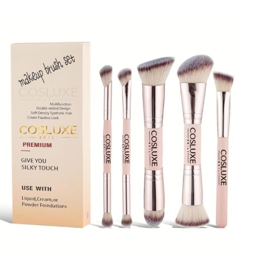 COSLUXE BEILI 5 Pcs Double Ended Makeup Brush Set, Dual-Head Brushes for Foundation, Powder, Blending & Eyeshadow, Soft Synthetic Fiber Travel Makeup Brushes
