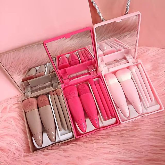 COSLUXE 5 Piece Mini Makeup Brushes Set, Travel Small Makeup Brushes with Brush Case Built-in Mirror, Portable Cosmetics Brushes for Eyeshadow, Powder, Foundation, Blush - Multicolored for Women, Girls & Teens - Image 2