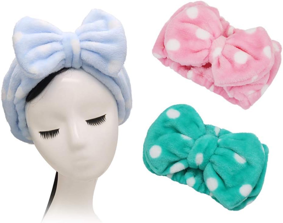 COSLUXE Makeup Headband, Spa Head bands Facial Spa Makeup Cleansing Cute Bow Velvet Elastic Headband for Girls women Multicolored Pack of 2