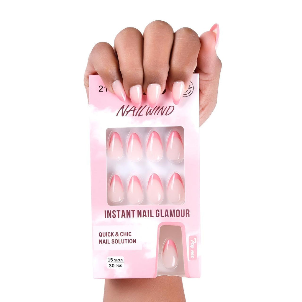 NAILWIND French Tip Press On Nails Almond - Chrome Hot Pink Press On Nail Short, Stick On Nails for Women, Glue On Nail with in 16 Sizes - 30 Soft Gel Fake nail on Kit, for Women Girls 21 - Light Pink, - Image 2