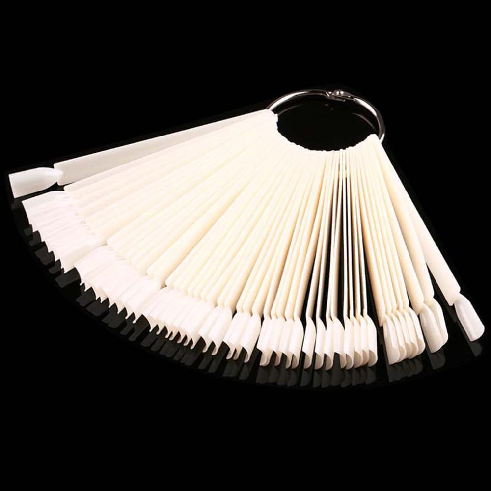COSLUXE Fan-shaped Nail Art Tips Display Polish Board Display Practice Sticks Tool with Metal Screw Split Ring Holder (Natural, 100 pcs set) - Image 4