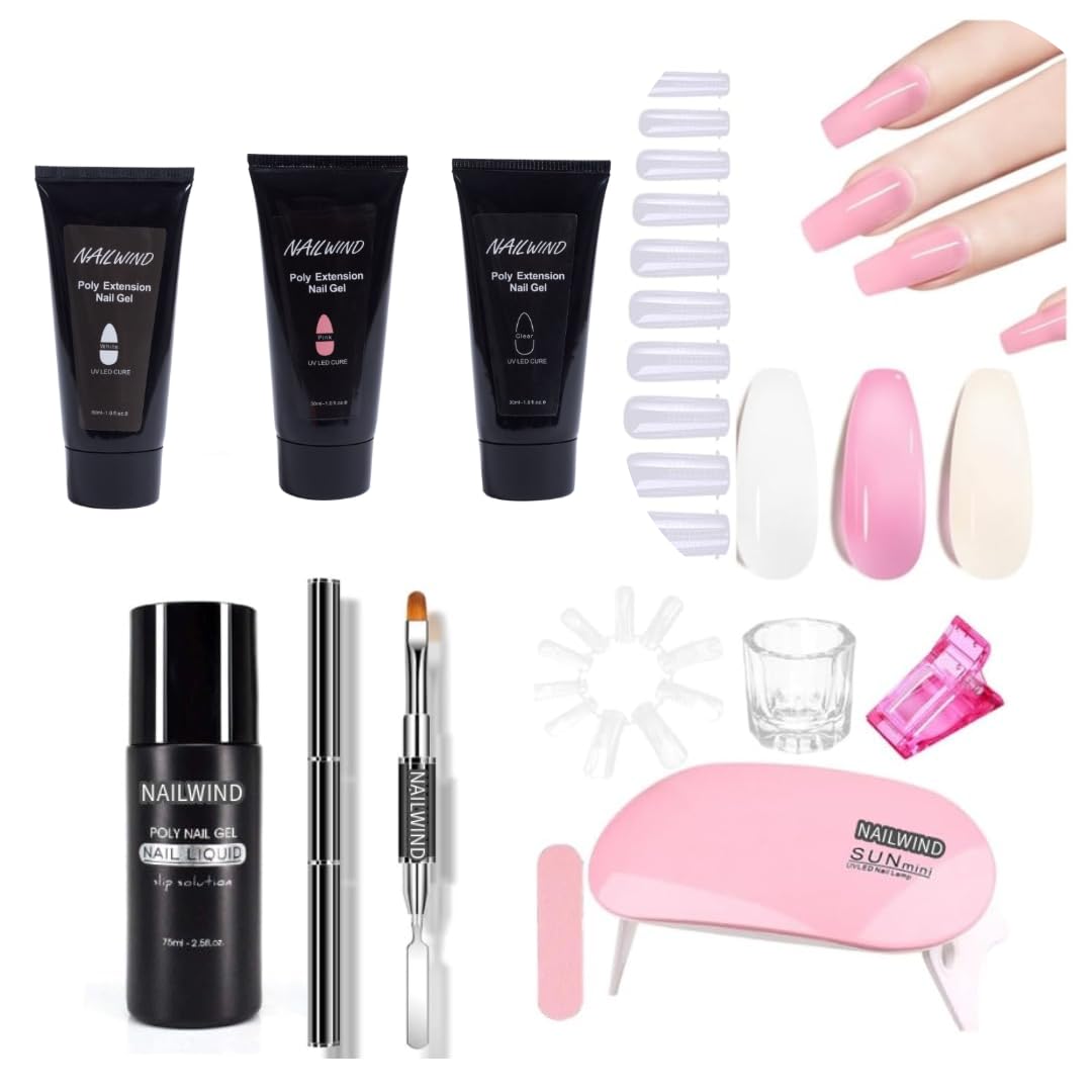 NAILWIND Poly Gel Nail extension kit - 3 Colors Clear, White, Pink, Builder Nails Gel Set with Nail Lamp, Nails' Extension Set With Slip Solution, Poly clips,for Women Girls