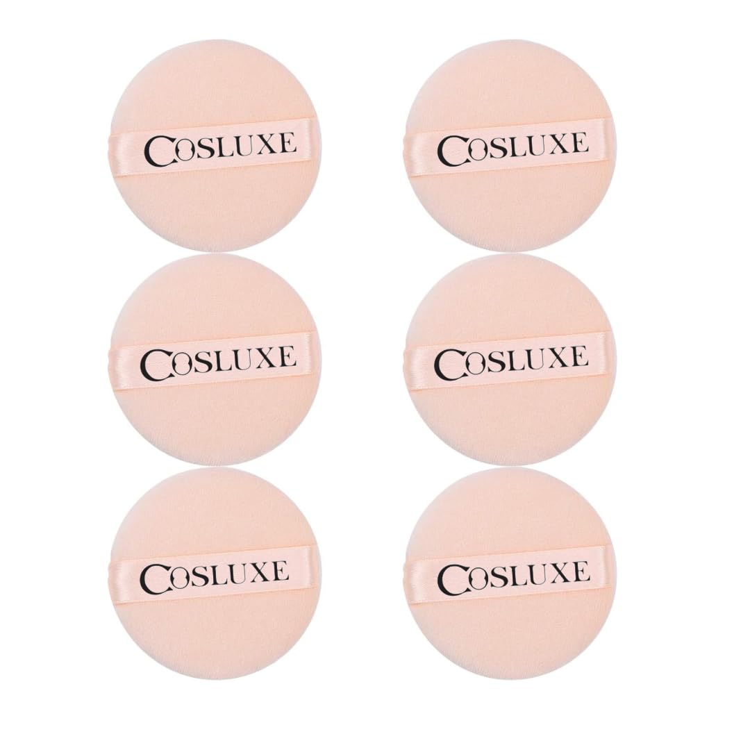 COSLUXE Cotton Powder Puff – Soft Cosmetic Makeup Puffs with Ribbon Handle for Loose Powder & Foundation – Reusable Face Powder Pads Pack of 6