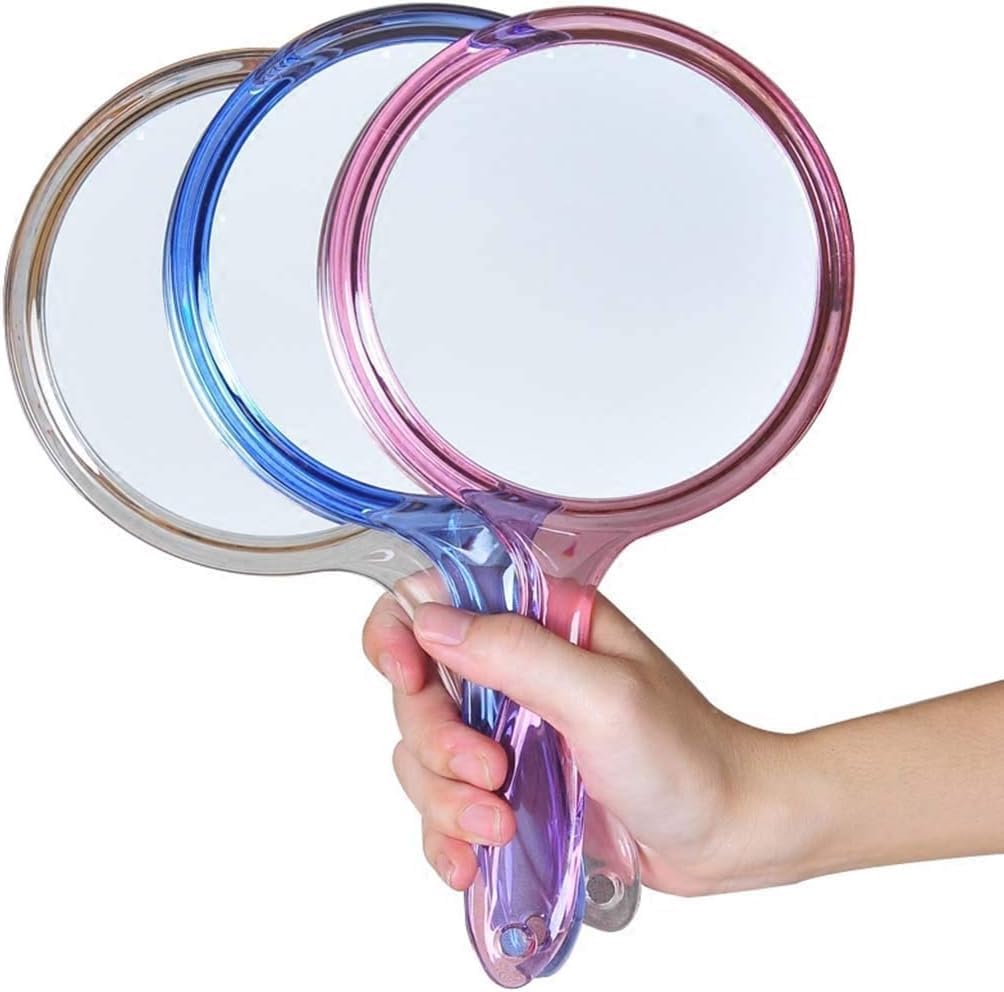 COSLUXE Double-Sided Handheld Mirror, 1X/3X Magnifying Mirror, Makeup Mirror with Handle Mirrors Rounded Shape (Multicoloured, Small Medium Large)