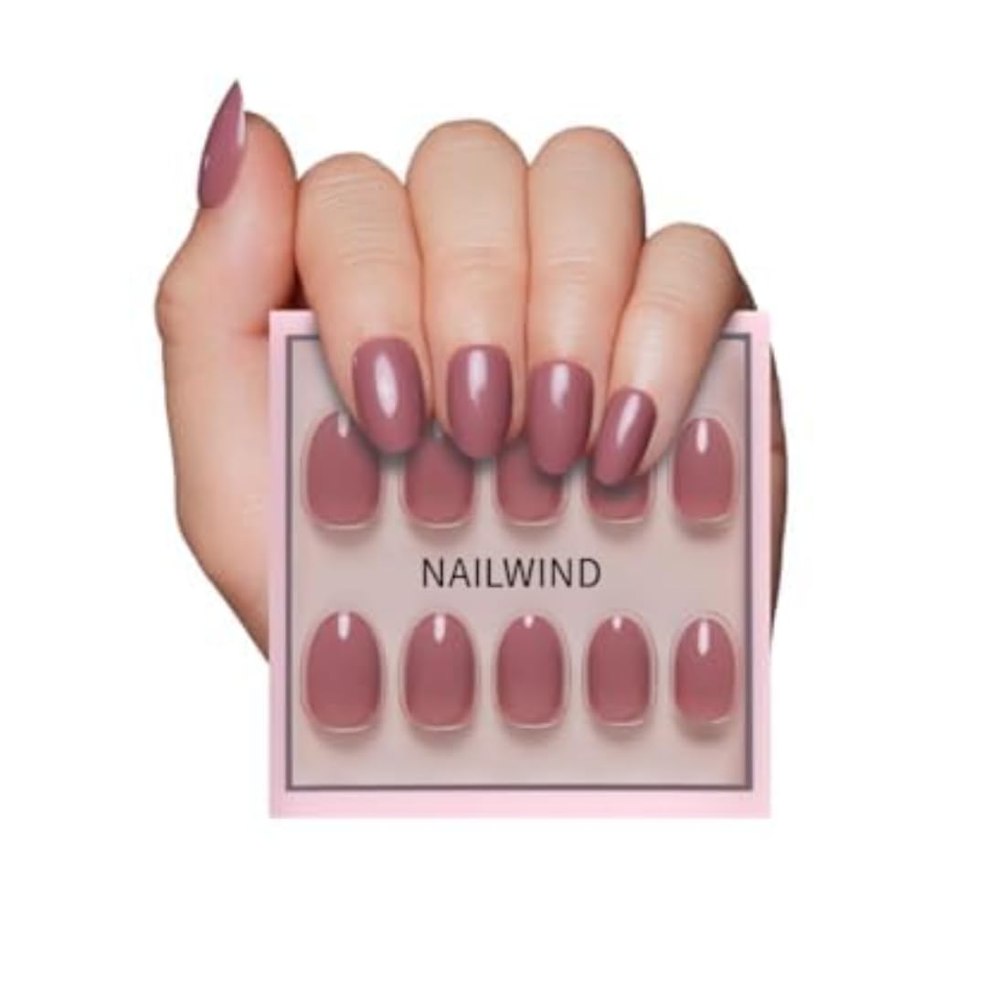 NAILWIND Press On Nails | Short Round Fake Nails, Reusable | 24 Pcs & 12 Sizes - Nail Kit | Nail Tips Natural Reusable Stick on Naill | False Nailway for Women Girls