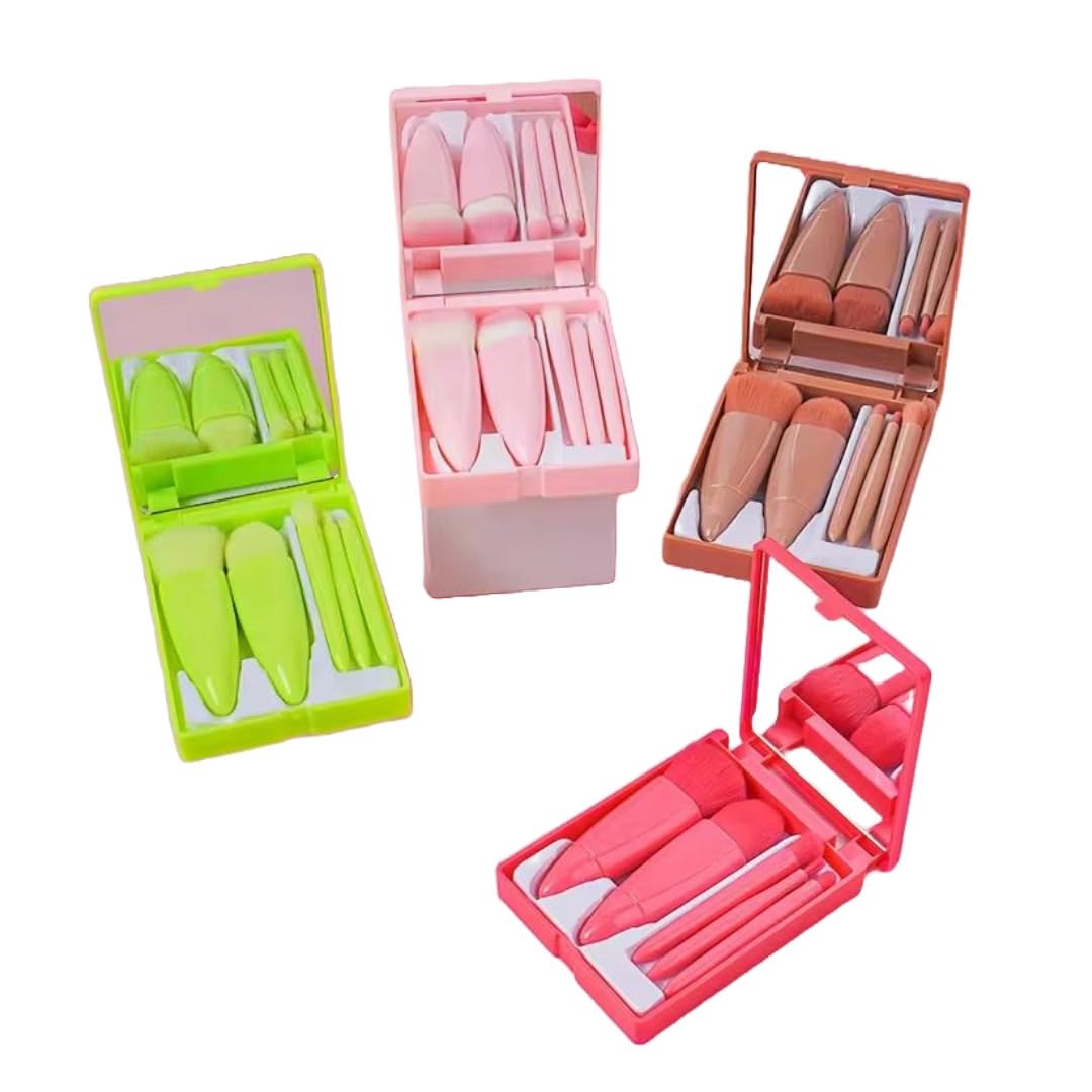 COSLUXE 5 Piece Mini Makeup Brushes Set, Travel Small Makeup Brushes with Brush Case Built-in Mirror, Portable Cosmetics Brushes for Eyeshadow, Powder, Foundation, Blush - Multicolored for Women, Girls & Teens