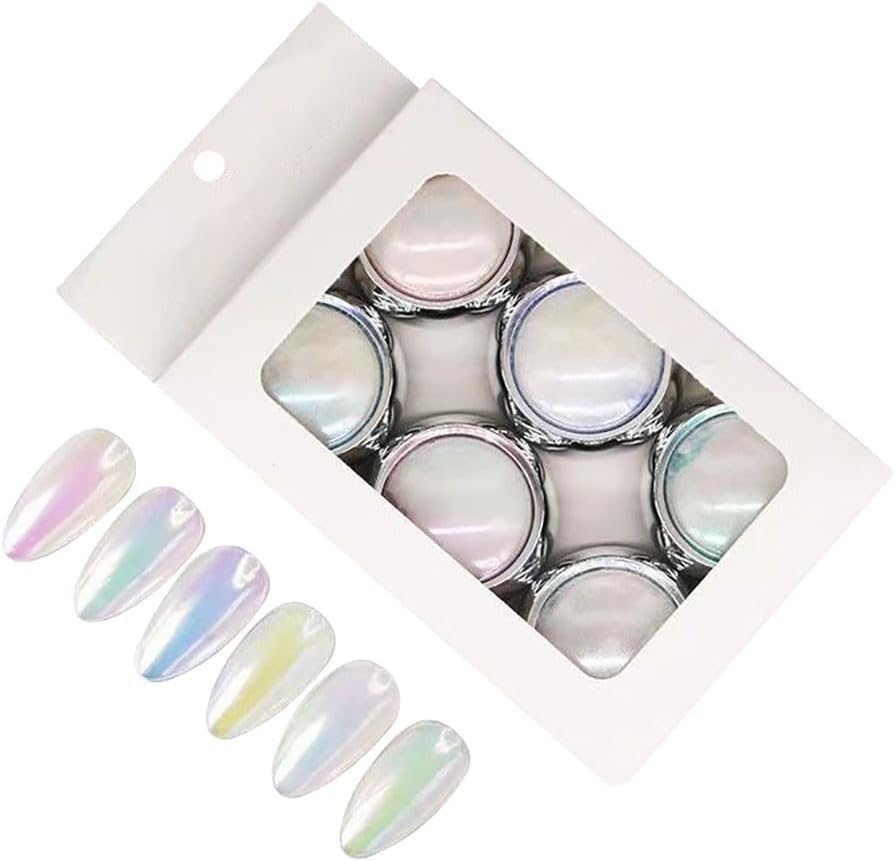 My Colors 6 Colors White Pearl Chrome Nail Powder Set, Metallic Nail Powder Mirror Effect White Chrome Powder Iridescent Nails Powder Manicure Pigment - Image 2