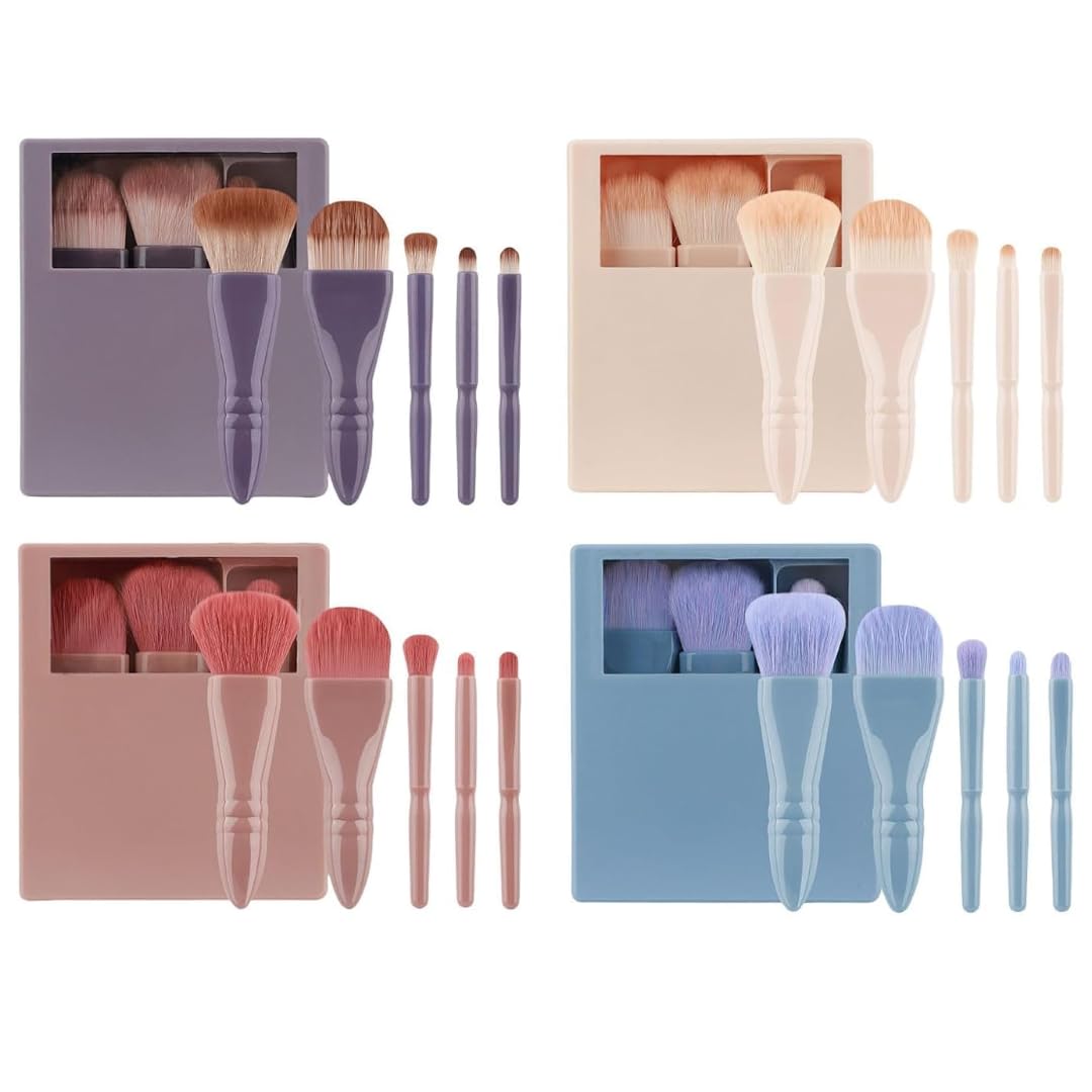 COSLUXE Portable Travel Makeup Brush Set, 5pcs Easy-taken Complete Function Cosmetic Brushes Kit with Case and Mirror - Face Make Up Brush - Multicolored