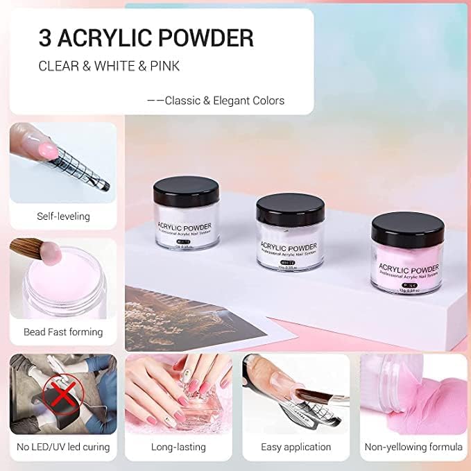 NAILWIND Acrylic Nail Kit - Acrylic Powder Set - 3 Colors 28g White Clear Pink Nail Powder Professional Polymer Colored Nail Powder for Acrylic Nail Extension Carving - Image 3