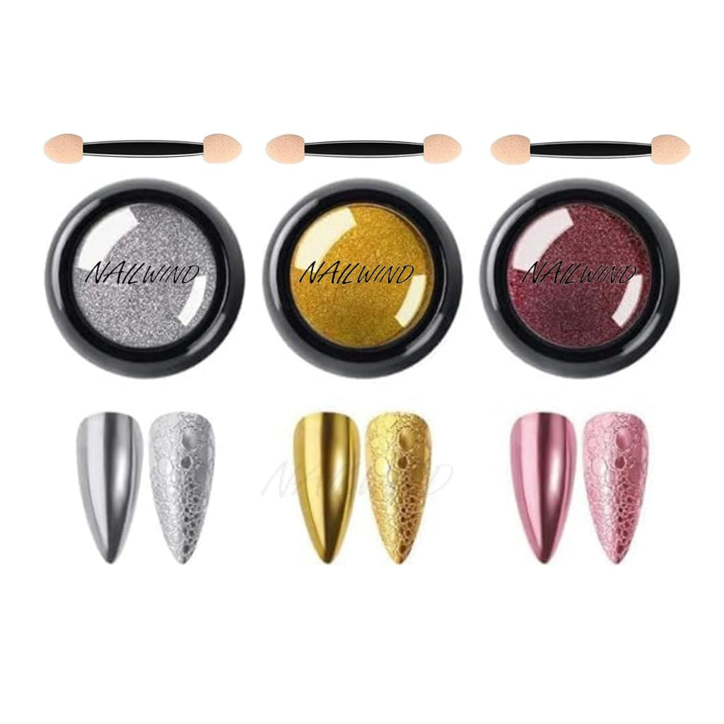 NAILWIND 3 Colors Chrome Nail Powder Set, Glitter Metallic Mirror Effect for Nails Art Design 3D Holographic Silver Rose Gold Pigment Powder