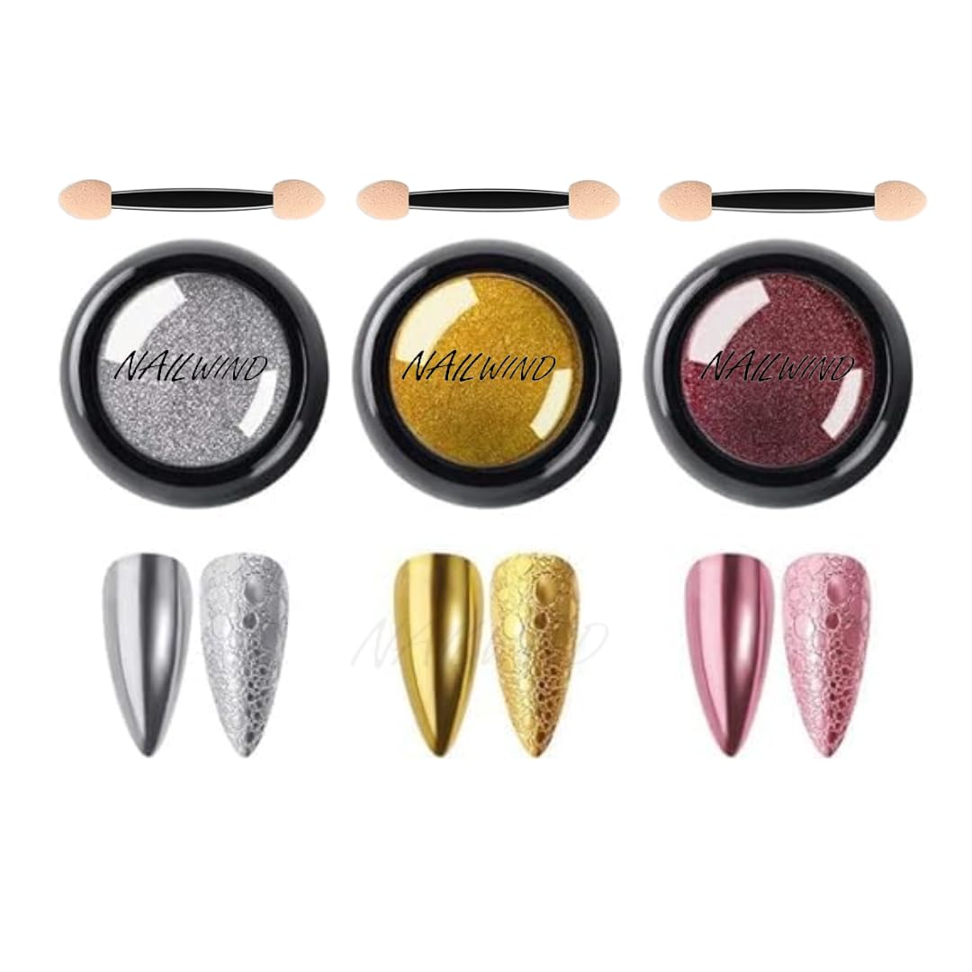 NAILWIND 3 Colors Chrome Nail Powder Set, Glitter Metallic Mirror Effect for Nails Art Design 3D Holographic Silver Rose Gold Pigment Powder