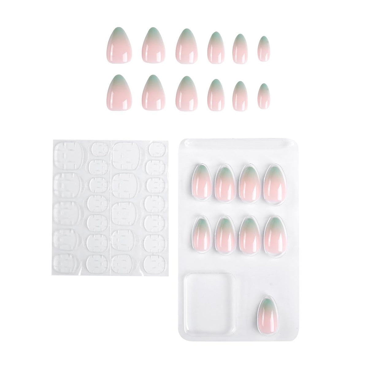 NAILWIND 30Pcs Short Almond Ombre Press On Nails & french Nail, Soft Gel Mirror Designs Glossy Ombre Nails with Nail Glue, Semi-Transparent Reusable Glue On in 15 Sizes - Acrylic Nail for Women 11 - Mint Green - Image 4
