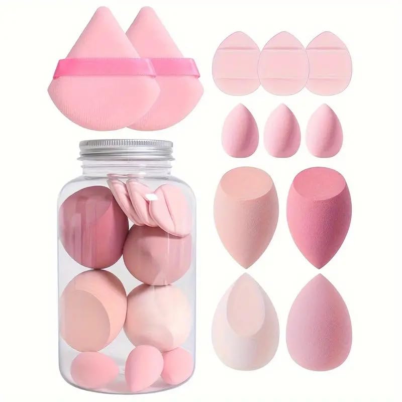 My Colors 12 Pcs Makeup Sponges Set With Storage Jar, 4 Beauty Blender Sponge, 3 Mini Makeup Sponge & 2 Triangle Puff Set, 3 Finger Puff Makeup Sponges for Foundation, Liquid, Cream, Powder, Multicolor Makeup Sponge Set for All types Of Skin - Image 3