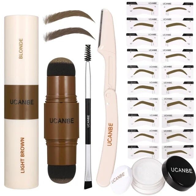 COSLUXE UCANBE 25 Eyebrow Stamp Stencil Kit With Dual-Color Eyebrow Stamp Pomade, Reusable Eyebrow Stencils,Finising Powder,Brush,Eyebrow Razor,Zipper Pouch,Waterproof Eye Brow (01-Blonde+Light Brown)