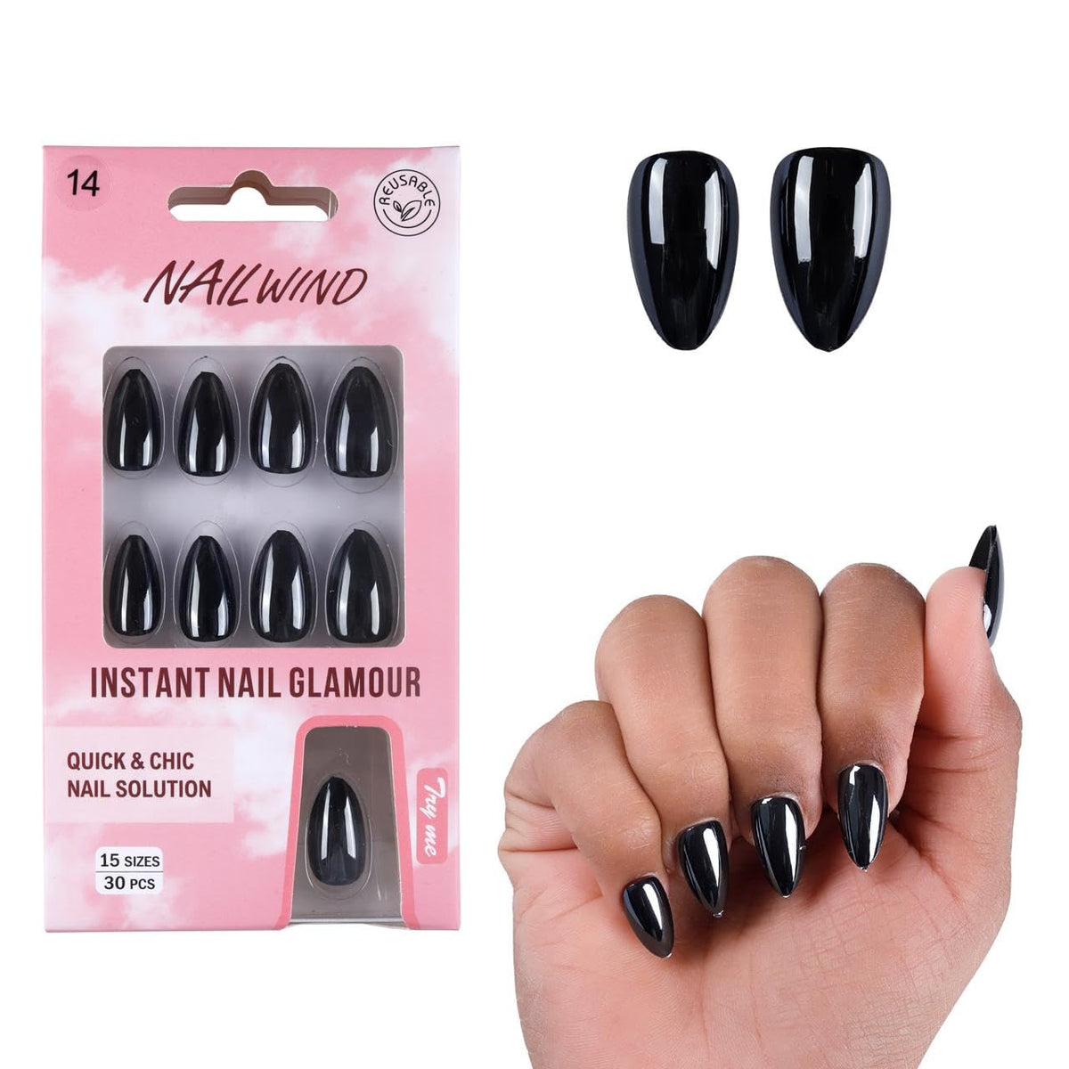 NAILWIND 30Pcs Short Almond chrome & Cat eye Nails, Press On Nails, Soft Gel Mirror Designs Glossy Nail's with Nail Glue, Reusable Glue On in 15 Sizes - 30PCS Stick On Nail Kit, Acrylic Nail for Women 14 - Black - Image 5