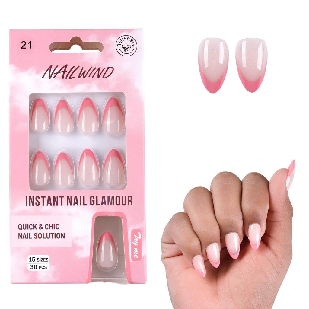 NAILWIND French Tip Press On Nails Almond - Chrome Hot Pink Press On Nail Short, Stick On Nails for Women, Glue On Nail with in 16 Sizes - 30 Soft Gel Fake nail on Kit, for Women Girls 21 - Light Pink, - Image 5