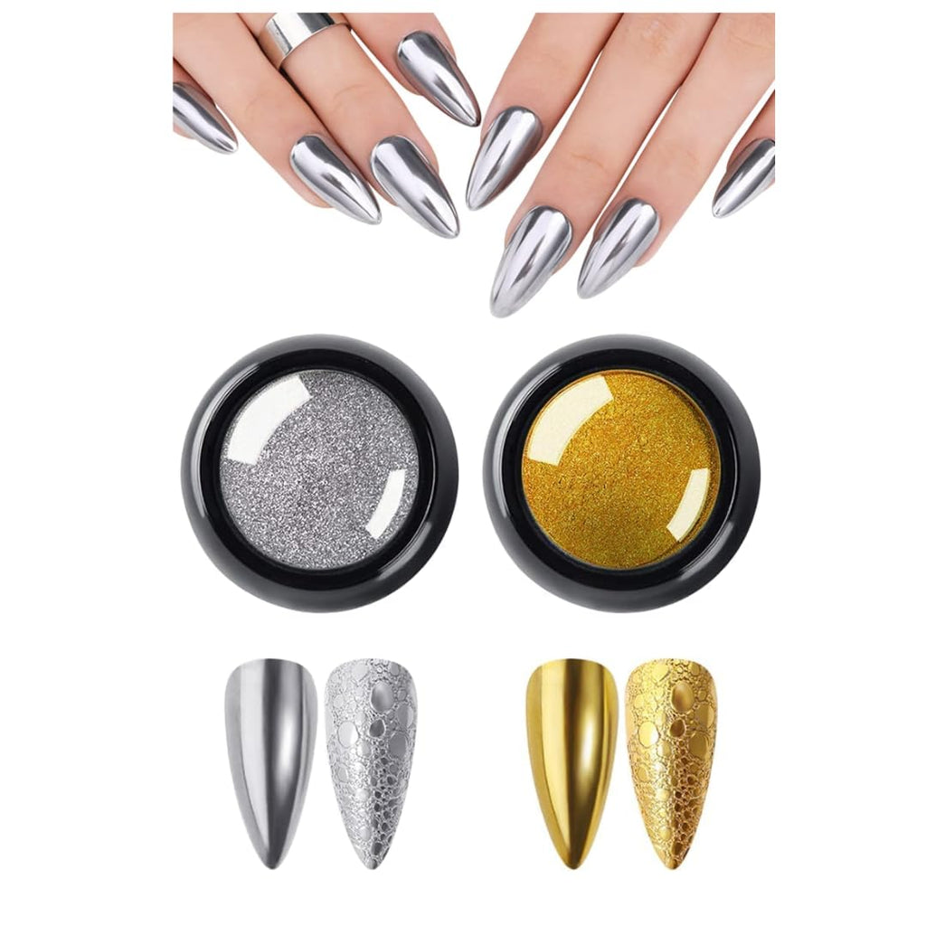NAILWIND Colors Chrome Nail Powder Set, Reflective Glitter Metallic Mirror Effect for Nails Art Design 3D Holographic Silver Rose Gold Pigment (2- PCS, Gold - Silver)