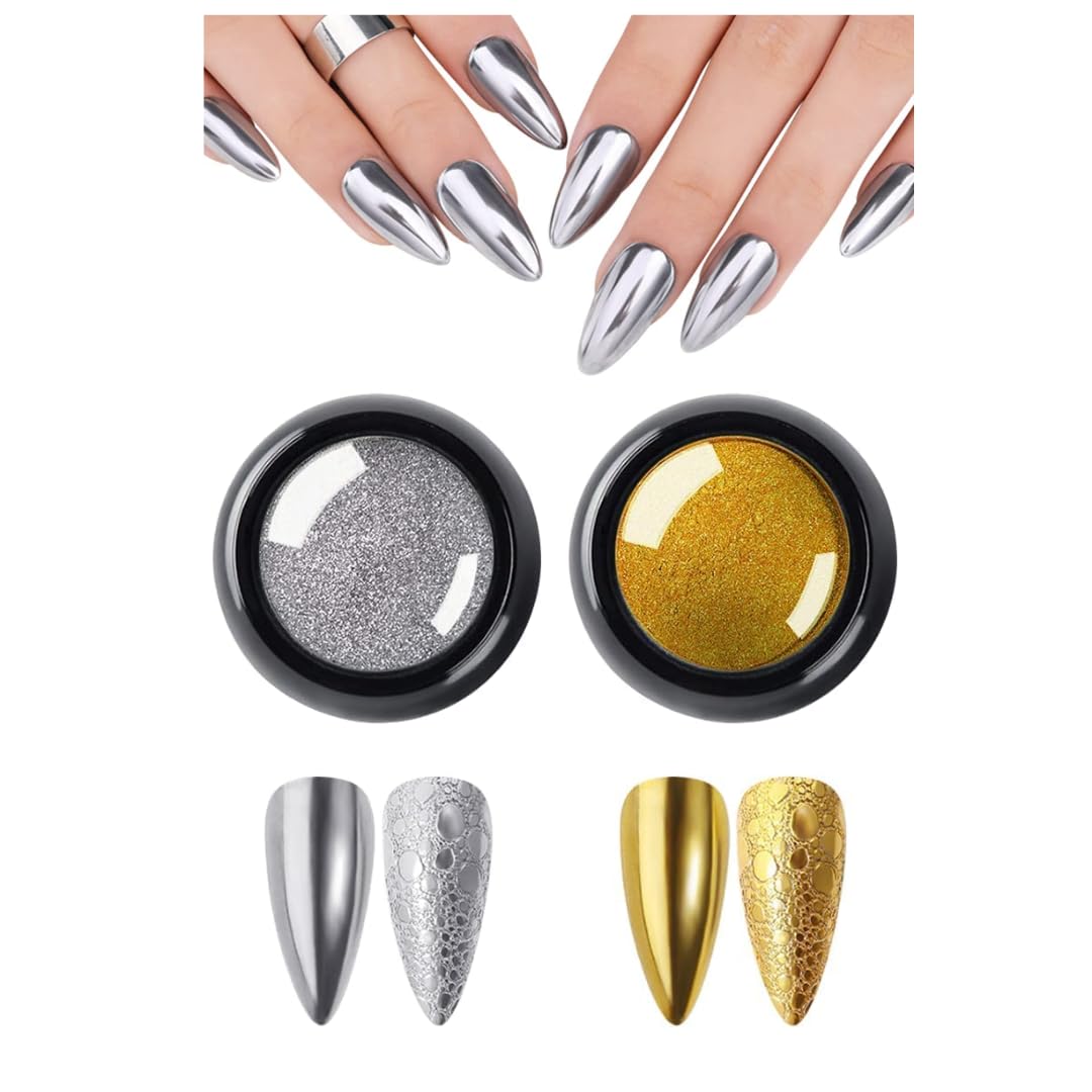 NAILWIND Colors Chrome Nail Powder Set, Reflective Glitter Metallic Mirror Effect for Nails Art Design 3D Holographic Silver Rose Gold Pigment (2- PCS, Gold - Silver)