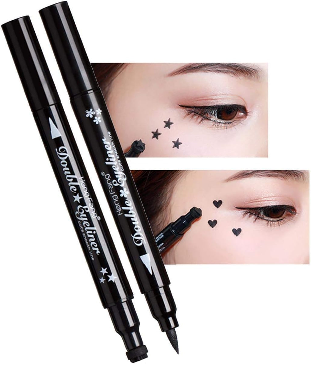 HUDAMOJI Pencil Semi-Matte Eyeliner Stamp Wingliner, Dual-Ended, Waterproof Heart & Star Shape Stamps Tattoo Eyeliners Makeup Tools For Women Girl, 2 - Pcs, Black