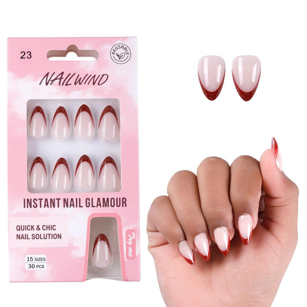 NAILWIND French Tip Press On Nails Almond - Chrome Hot Pink Press On Nail Short, Stick On Nails for Women, Glue On Nail with in 16 Sizes - 30 Soft Gel Fake nail on Kit, for Women Girls 23 - Red French, Short - Image 5