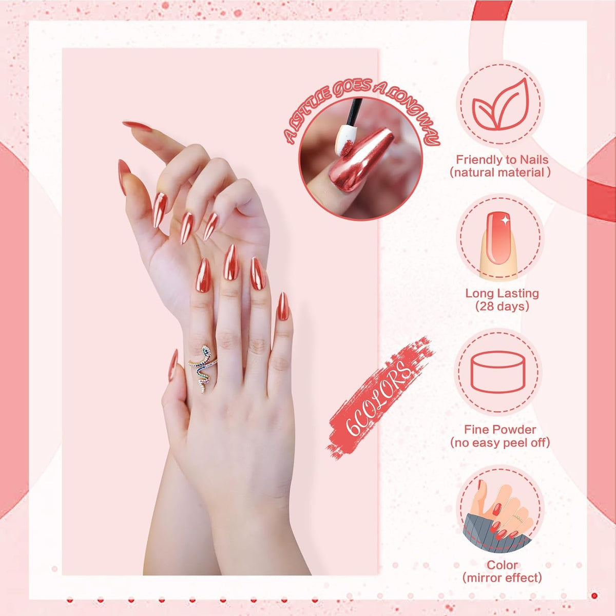 NAILWIND 6 Colors Chrome Nail Powder Set,Metallic Mirror Effect Nail Art Powder,Holographic Pigment Glitter Dust for Gel Polish Manicure Decoration with 6 Eyeshadow Sticks (02) - Image 4