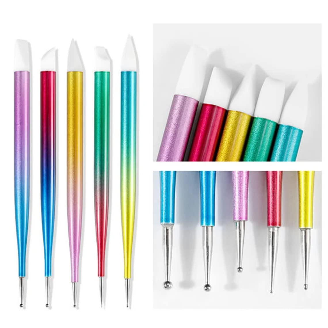 NAILWIND Double Heads Nail Art Pens Silicone Sculpture Pens Nail Dual Head UV Gel Carving Pen, Nail Silicone Brushes Set ,Pottery Clay Sculpting Tools Modeling Painting Drawing Tool DIY Art Craft Rainbow Colors, 5 pcs