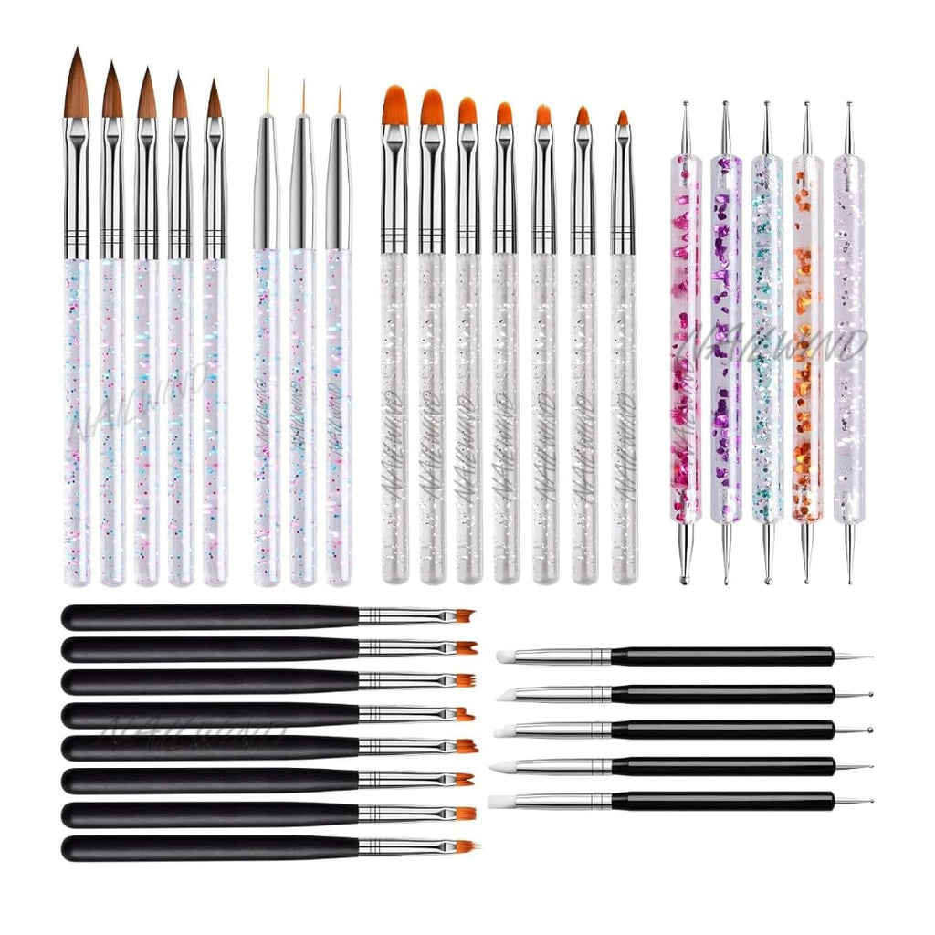 NAILWIND 33pcs Acrylic Nail Brush Set, UV Gel Nail Art Brushes Kit with Nail Flower Painting Brush, Double Ended Nail Dotting Pen, Liner & Nail Extension Gel Brush for DIY Nail Art, Salon & Home Use