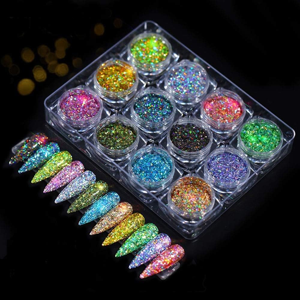 NAILWIND Nail Art Pigment Powder & Nail Powder, Nail Pigments Dust Nail Glitter, Neon Pigment Eyeshadow Powder for Face Body Makeup,Nail Art Decoration 12 - PCS, Hanzel Crystal Sequins