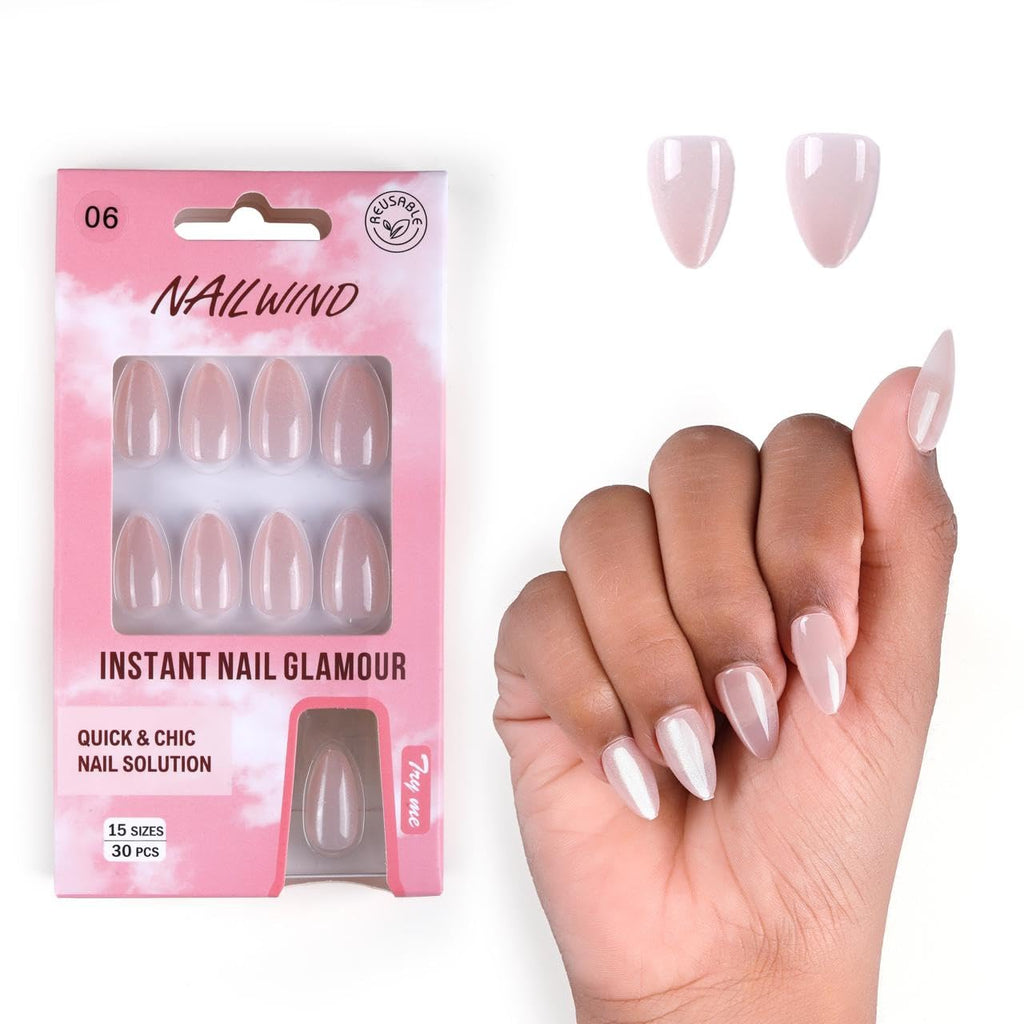 NAILWIND 30Pcs Short Almond chrome & Cat eye Nails, Press On Nails, Soft Gel Mirror Designs Glossy Nail's with Nail Glue, Reusable Glue On in 15 Sizes - 30PCS Stick On Nail Kit, Acrylic Nail for Women 06 - Glass nude, - Image 2