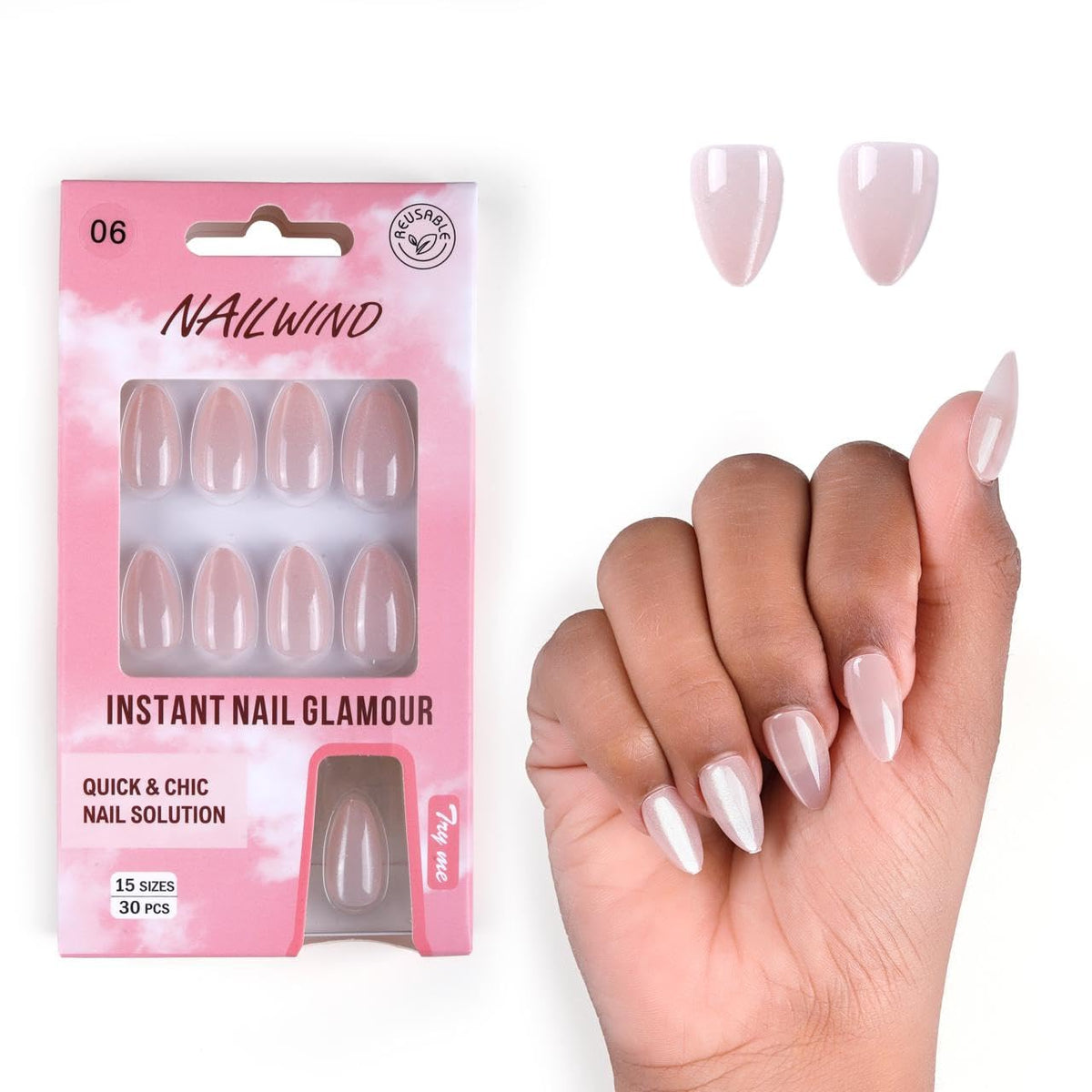 NAILWIND 30Pcs Short Almond chrome & Cat eye Nails, Press On Nails, Soft Gel Mirror Designs Glossy Nail's with Nail Glue, Reusable Glue On in 15 Sizes - 30PCS Stick On Nail Kit, Acrylic Nail for Women 06 - Glass nude, - Image 2