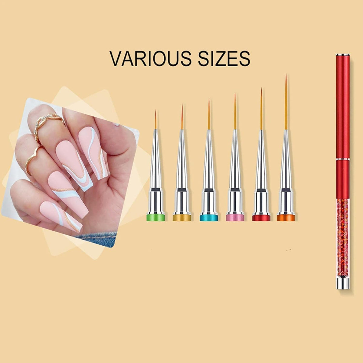 NAILWIND Nail Art Liner Brushes, 6Pcs Nail Gel Polish Painting Nail Design Brush Pen Set with Crushed Diamond Rhinestones Handle for Pulling Lines, Nail Art Design - Image 4