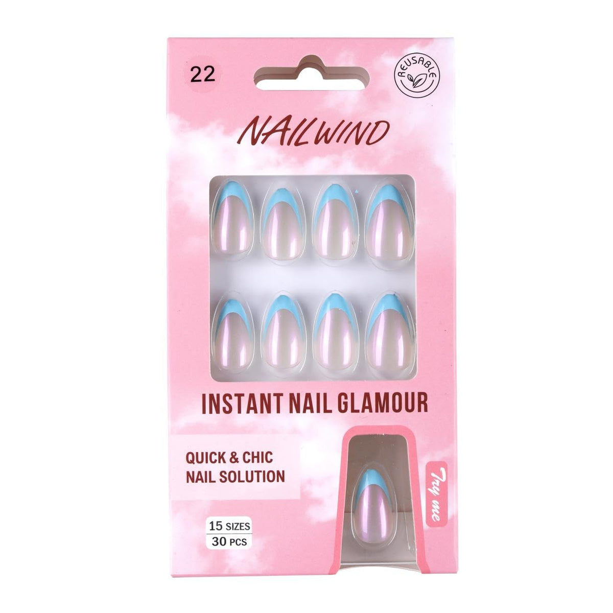 NAILWIND French Tip Press On Nails Short Almond - Chrome Hot Pink Press On Nail Short, Stick On Nails for Women, Glue On Nail with in 16 Sizes - 30 Soft Gel Fake nail on Kit, for Women Girls 22 - Blue - Image 3