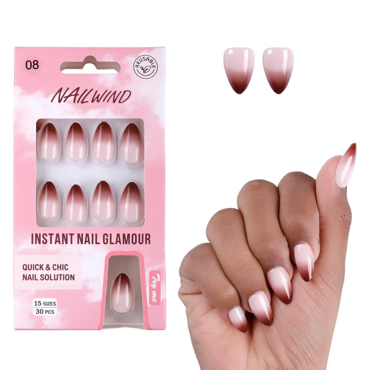 NAILWIND 30Pcs Short Almond Ombre Press On Nails & french Nail, Soft Gel Mirror Designs Glossy Ombre Nails with Nail Glue, Semi-Transparent Reusable Glue On in 15 Sizes - Acrylic Nail for Women 08 - Red Ombre - Image 5