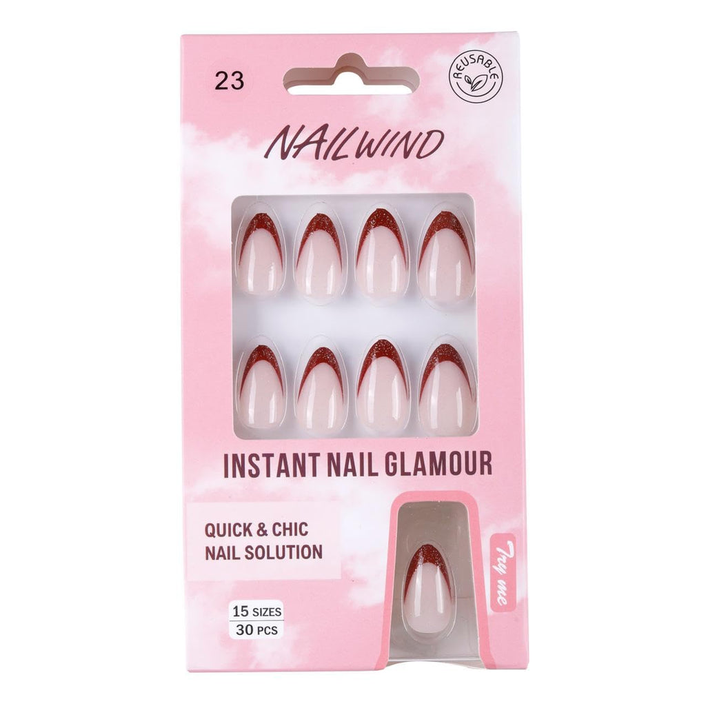 NAILWIND French Tip Press On Nails Almond - Chrome Hot Pink Press On Nail Short, Stick On Nails for Women, Glue On Nail with in 16 Sizes - 30 Soft Gel Fake nail on Kit, for Women Girls 23 - Red French, Short - Image 2