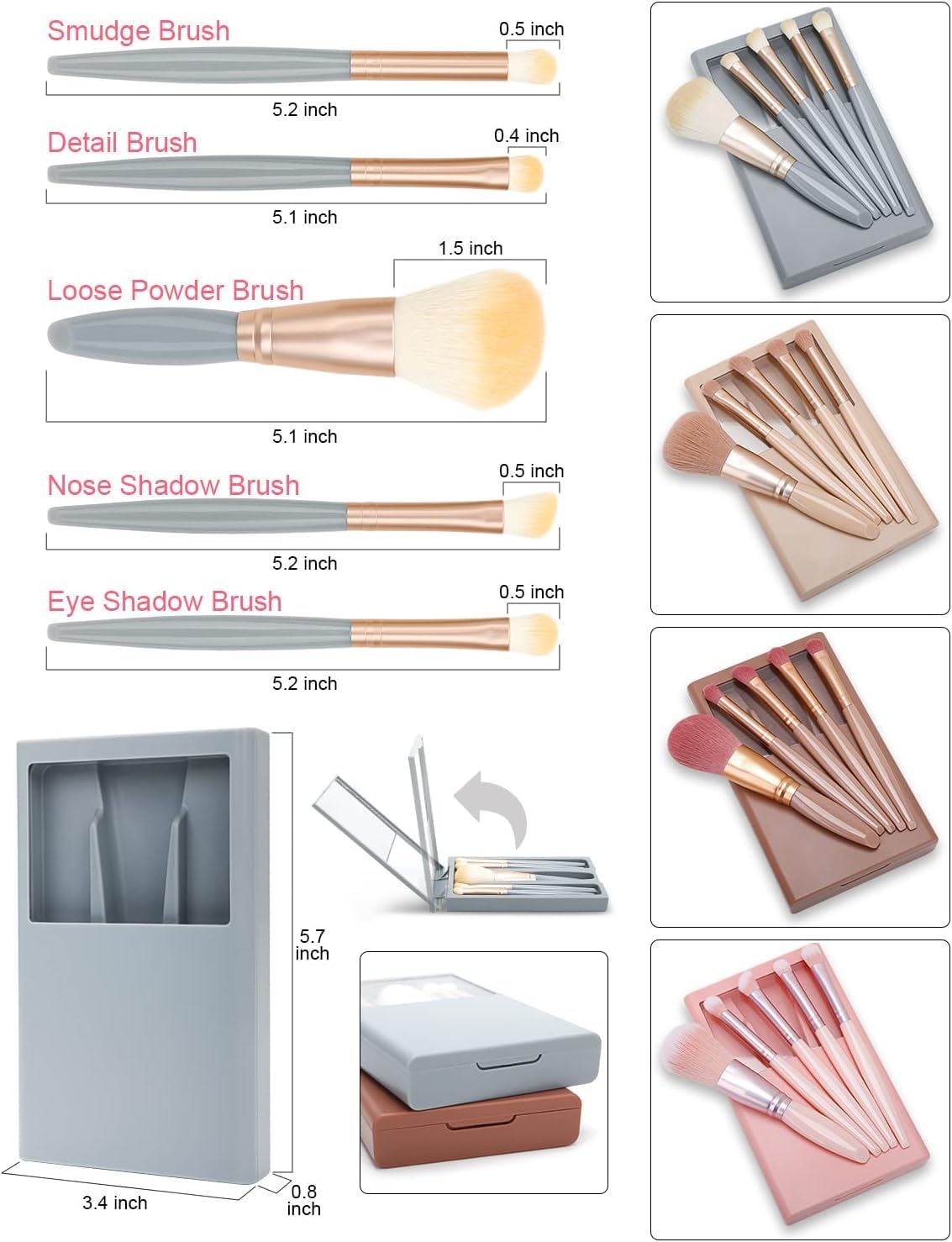 COSLUXE Makeup Brushes Set, 5 Piece Professional Travel Small Makeup Brushes with Brush Case Built-in Mirror, Portable Cosmetics Brushes - Multicolored - Image 3