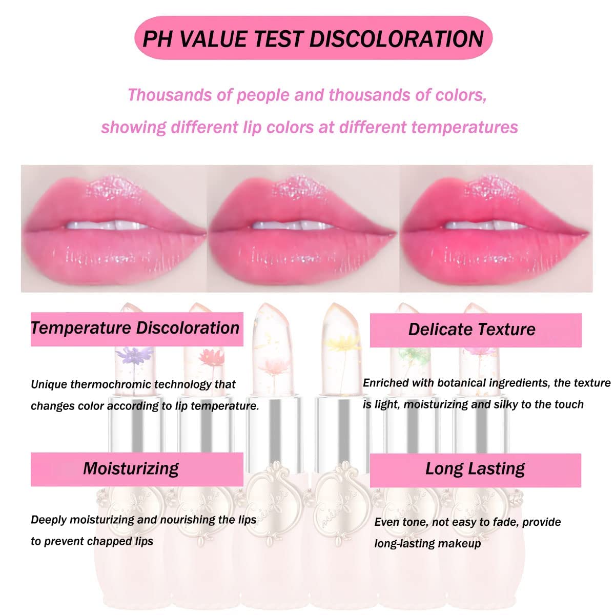 HUDAMOJI 6 Pcs Crystal Jelly Flower Matte Lipstick Moisturizer Clear Lip Glossy Balm, Color Changing, Long Lasting Lip Balm Lips Moisturizer Magic Temperature Color Change Lip Glossy For Girls Woman - Image 6