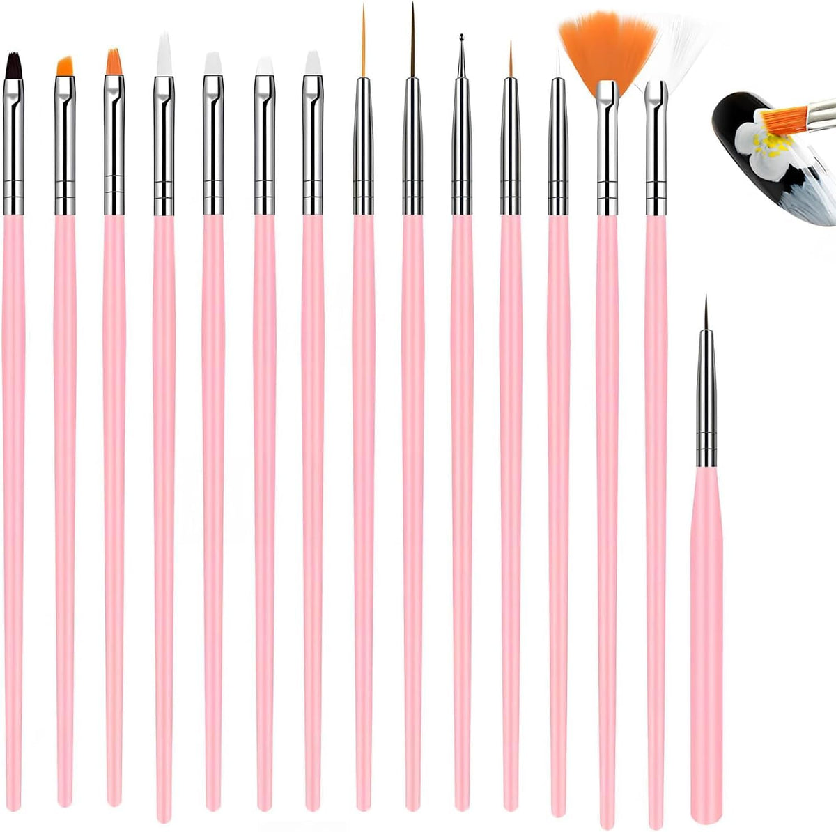 NAILWIND Nail Art Brushes, Nail Art, Design Dotting Painting Drawing Polish Brush Pen Tools,Nail Designs on Gel Acrylic and Natural Nails- Salon PINK, 15 PCS