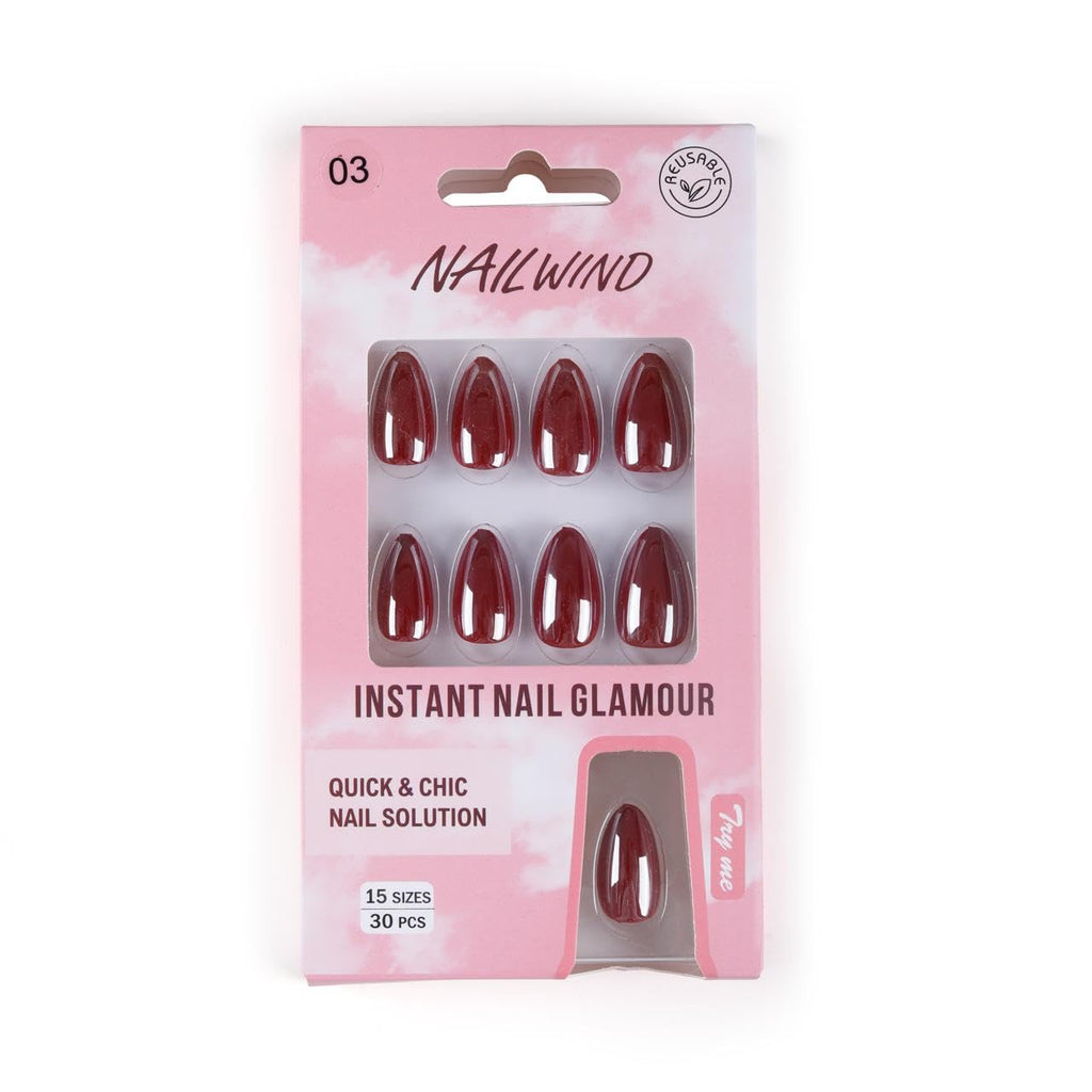NAILWIND 30Pcs Short Almond chrome & Cat eye Nails, Press On Nails, Soft Gel Mirror Designs Glossy Nail's with Nail Glue, Reusable Glue On in 15 Sizes - 30PCS Stick On Nail Kit, Acrylic Nail for Women 03 - Dark Red - Image 4