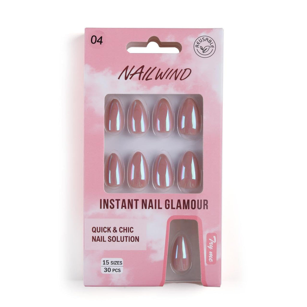 NAILWIND 30Pcs Short Almond chrome & Cat eye Nails, Press On Nails, Soft Gel Mirror Designs Glossy Nail's with Nail Glue, Reusable Glue On in 15 Sizes - 30PCS Stick On Nail Kit, Acrylic Nail for Women 04 - Glassy Nude - Image 3