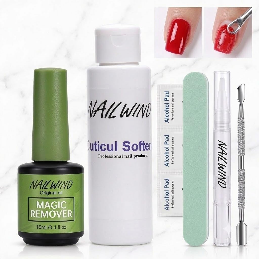NAILWIND Nail Polish Remover & Manicure Care Kit, 6 Component Set with 15 ml Magic Remover, 100 ml Cuticle Softener, 3 ml Cuticle Oil Pen, 3 Alcohol Pads, Nail File & Cuticle Pusher - Image 6