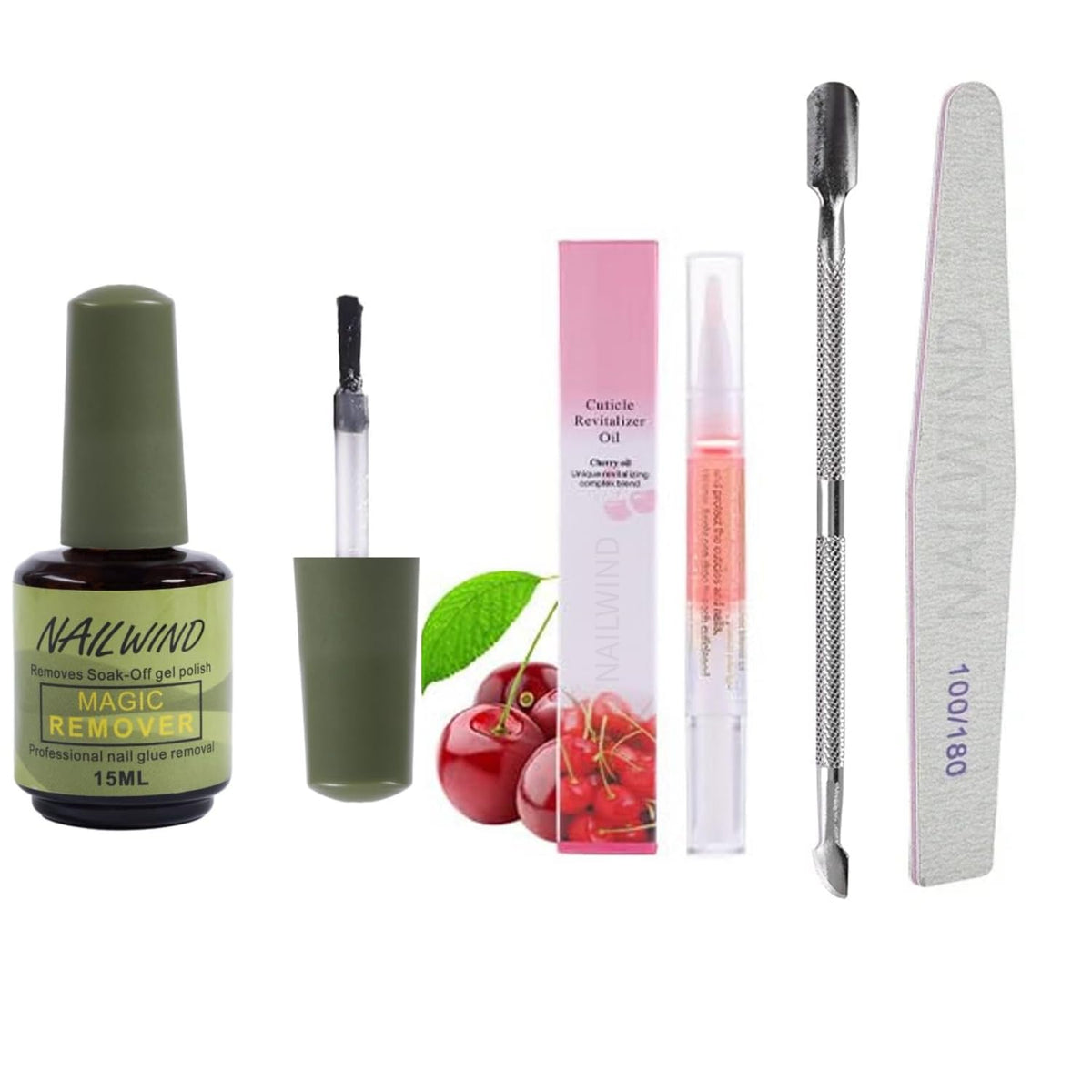 NAILWIND 4 in 1 Beginner's Nail Polish Remover Set | Gel Nail Polish Remover 15 ml | Step Buffer and Cuticle Oil - Cuticle Pusher | Magic Remove Soak-Off Gel Polish | Peel Off In 2-5 Minutes, No Need for Foil, Soaking or Wrapping
