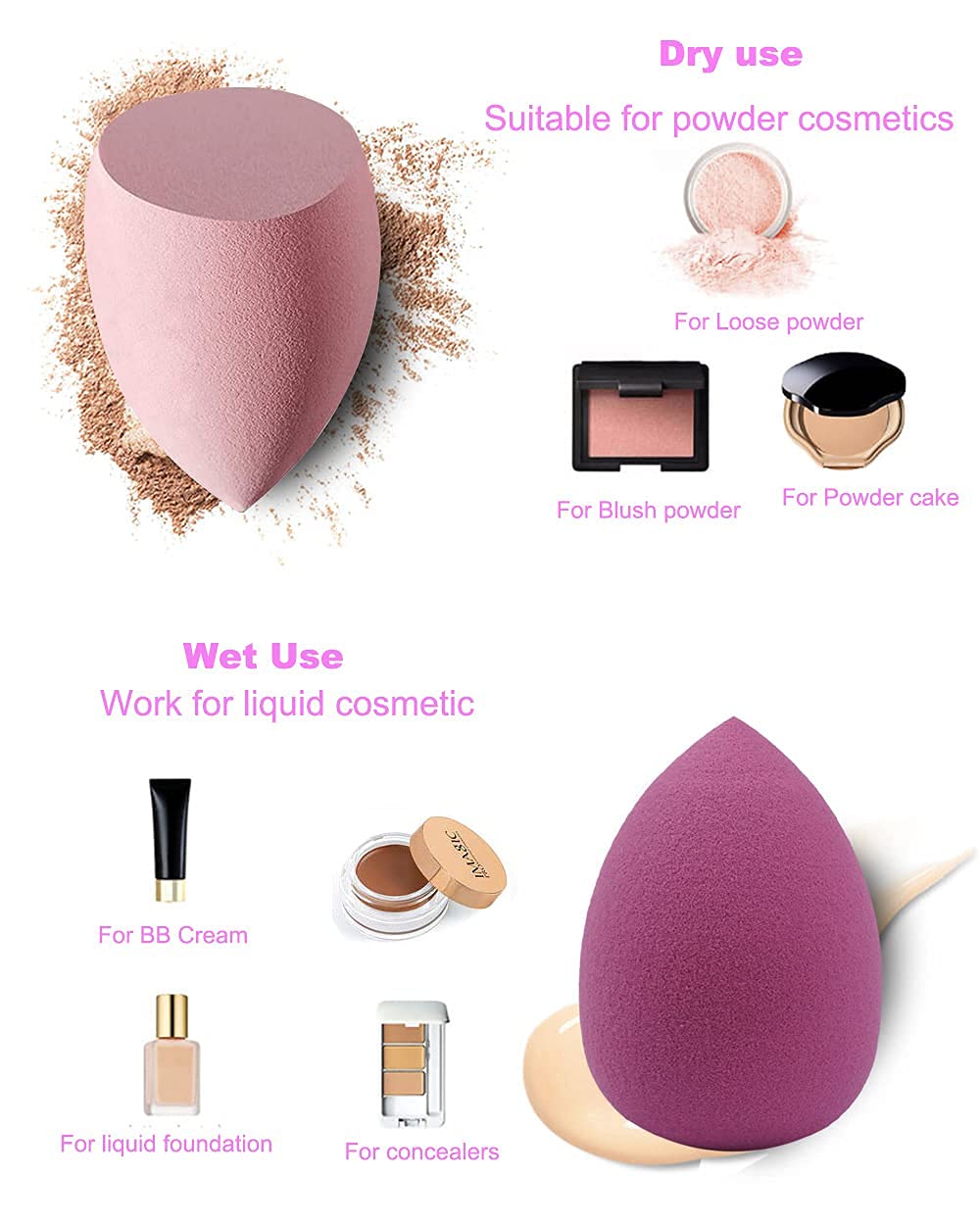 COSLUXE Makeup Sponge Set Beauty Blender with Egg Case, Soft Sponge For Liquid Foundation, Creams, and Powders?Latex Free Wet and Dry Makeup Pink Series, 4 Pcs - Image 4