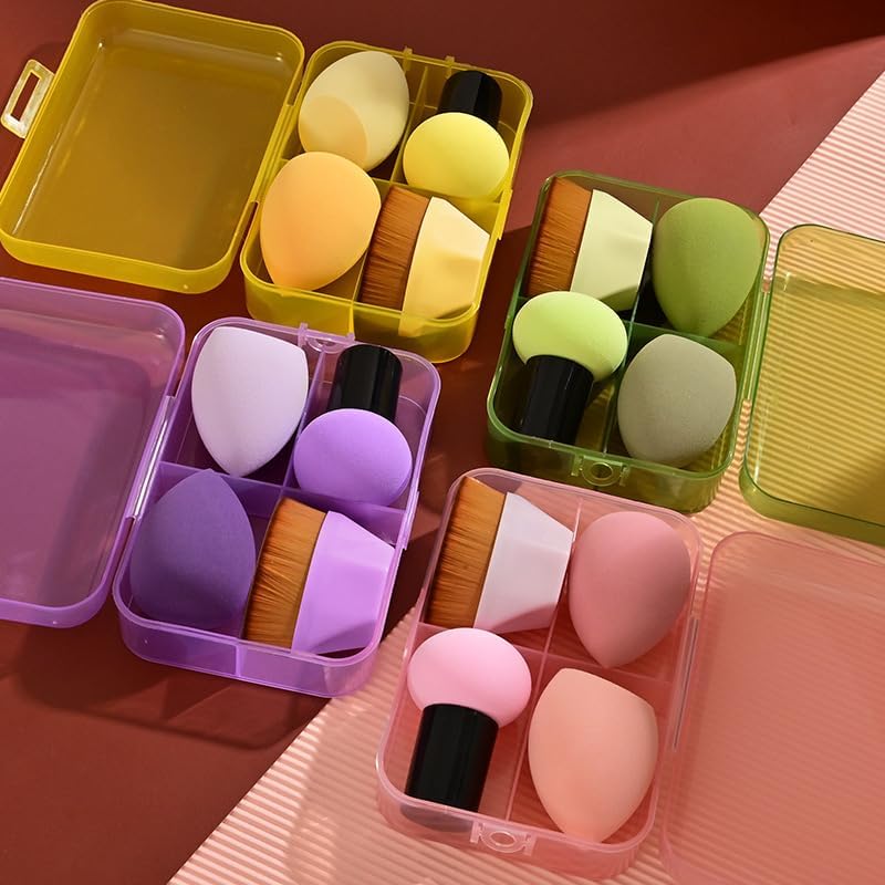 COSLUXE 4Pcs Makeup Sponges Set With Storage Jar, 2 Blenders, 1 Foundation Brush With 1 Mushroom Head Sponge Cushions For Liquid, Cream & Powder, Multicolor Makeup Sponge Set for All types Of Skin