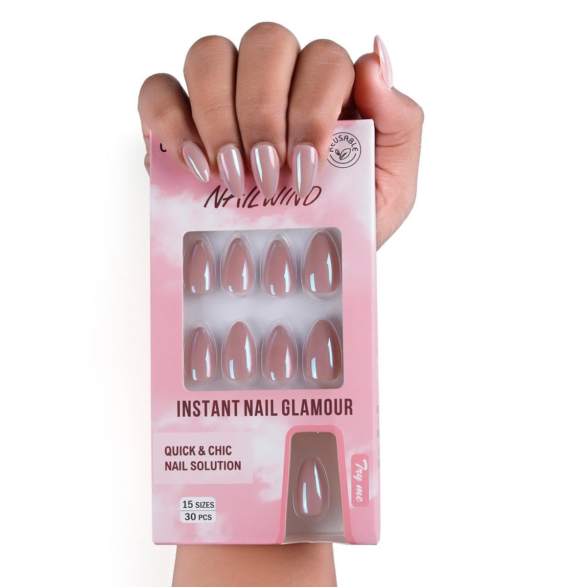 NAILWIND 30Pcs Short Almond chrome & Cat eye Nails, Press On Nails, Soft Gel Mirror Designs Glossy Nail's with Nail Glue, Reusable Glue On in 15 Sizes - 30PCS Stick On Nail Kit, Ac