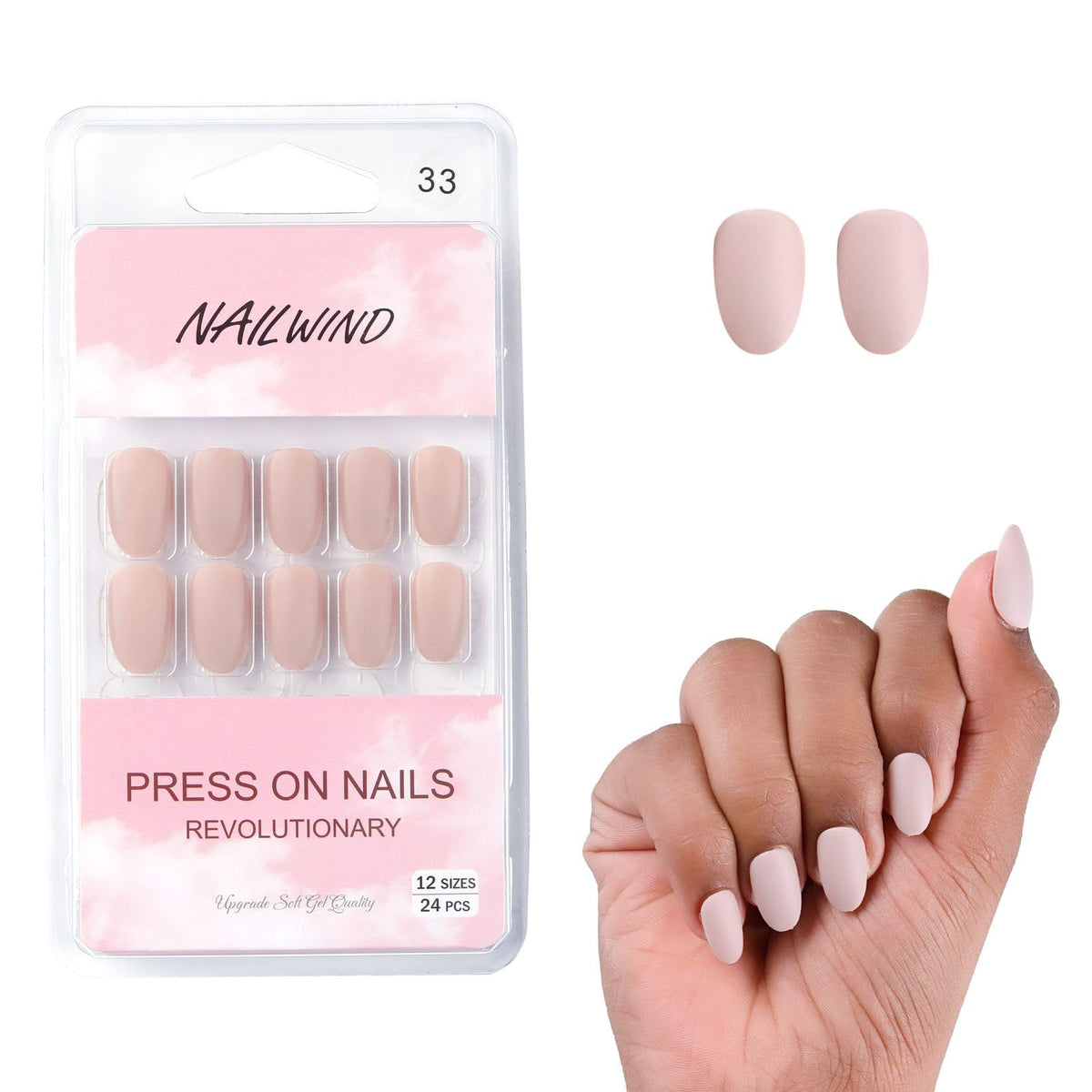 NAILWIND 24 Natural French Short False Nails Acrylic Full Cover Nails,Natural Fake Nails Delicate & Comfortable for Women and Girls (N33, 24 Count -Pack of 1)