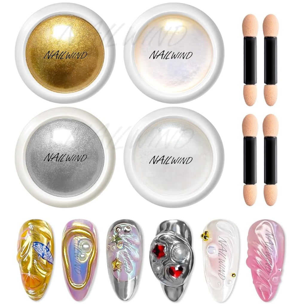 NAILWIND Chrome Nail Powder | Mirror Effect Chrome Powder for Nails Glitter Long Lasting | Pearl Aurora Mermaid Nail Powder | Holo Pigment Nail Art DIY Design Decorattion (WHITE, 4 PCS)