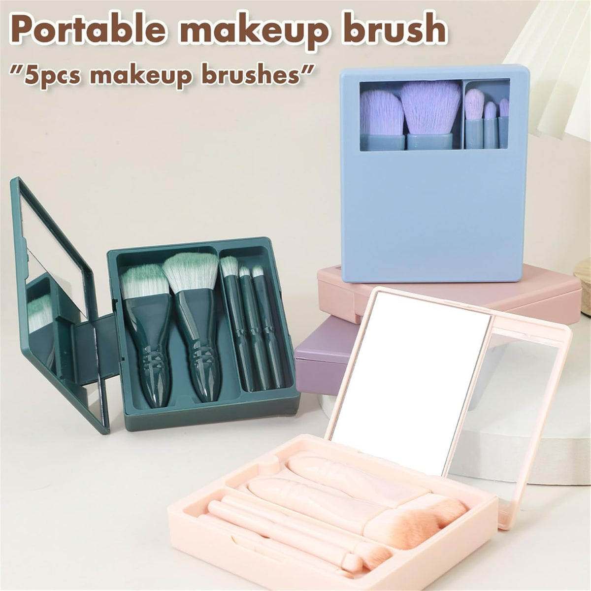 COSLUXE Portable Travel Makeup Brush Set, 5pcs Easy-taken Complete Function Cosmetic Brushes Kit with Case and Mirror - Face Make Up Brush - Multicolored - Image 3